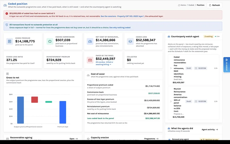 InsightCede ceded position with premium, recoveries owed and the counterparty watch agent
